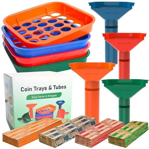 L LIKED Coin Sorter Tray & Coin Sorter Tube - 4 Color Coded Coin Separator Trays and Coin Sorters Tubes Bundle with 100 PCS Coin Wrappers Assorted