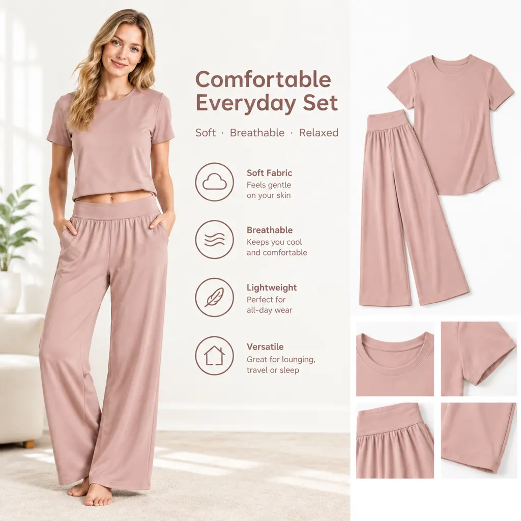 Women's 2-Piece Loungewear Clothes Set - Crew Neck Short Sleeve T-Shirt, High Waist Elastic Pleated Wide Leg Pants with Side Pockets, Soft Stretchy Knit Suits for Casual Daily Wear Pajama Nightwear