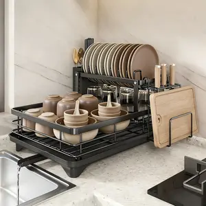 Two 2-tier layer dry drainstainless sink shelf steel drainer,dish cup rack wine glass drainboard cover countertop metal house organizer,tray drain kitchen cocina storage,knife,fork,cutting board,traydish holder drumstick grilling versatile perfect size