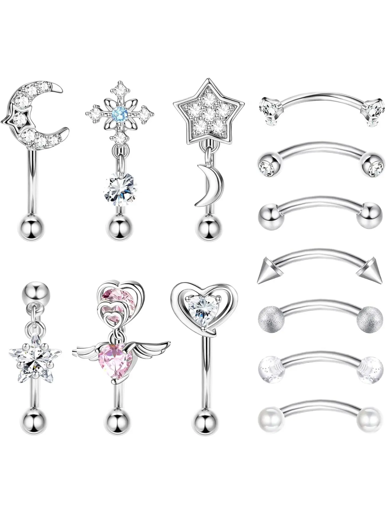 13Pcs Rook Piercing Jewelry Eyebrow Rings for Women 16 G Surgical Steel Curved Barbell Rook Earrings Lip Rings Rook Eyebrow Cartilage Daith Surface Tragus Piercing Jewelry Body Piercings Set