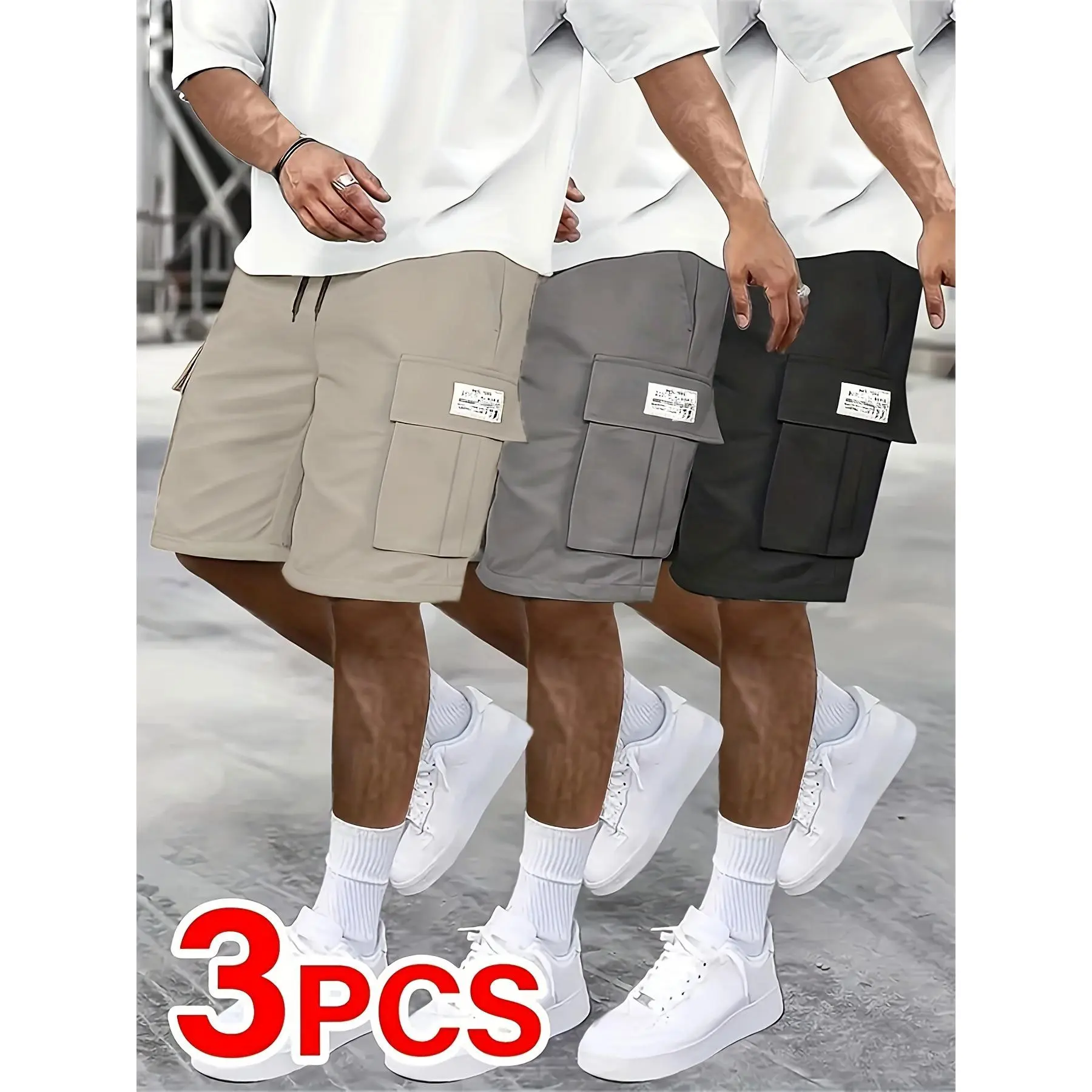 TNZI Mens Stylish Simple Clothes 3PCS Mid-Waist Polyester Cargo Shorts - Fitted, Adjustable Drawstring, Breathable Fleece-Lined, Waterproof, Basic Plain, Practical Pockets, Sleek Black/Beige, Better-Fitting Well-Fitting for Casual Wear,father'sdaygifts