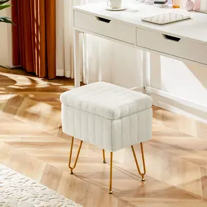 Vanity Stool Chair with Storage, Ottoman Faux Fur Soft Padded Makeup Footstools Seat Modern Footrest for Home Entryway Bedroom