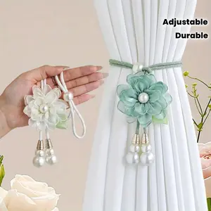 2pcs Bohemian Pearl Flower Curtain Ties, Adjustable Garden-Style Home Decor Curtain Accessories