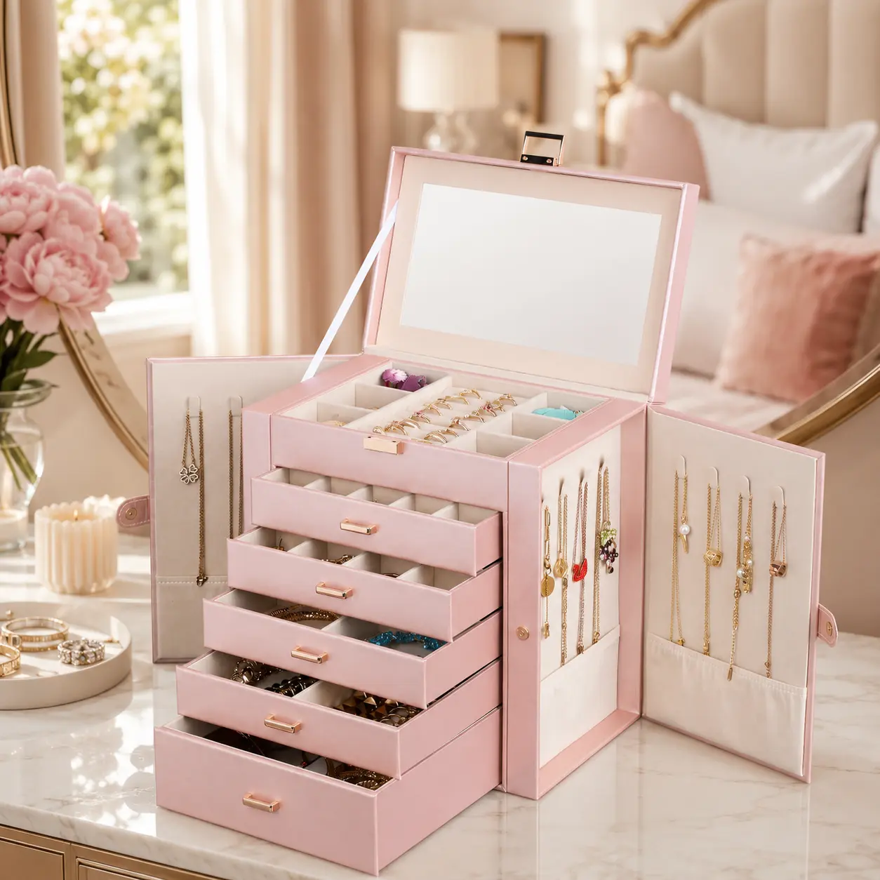 BOOVO Jewelry Box For women, 6 Layer Large Jewelry Organizer With Mirror, Multi-Function Storage Box With Lock, Necklace Holder With 5 Drawers, For Earrings Necklace Bracelet (Rose Gold and Gold)
