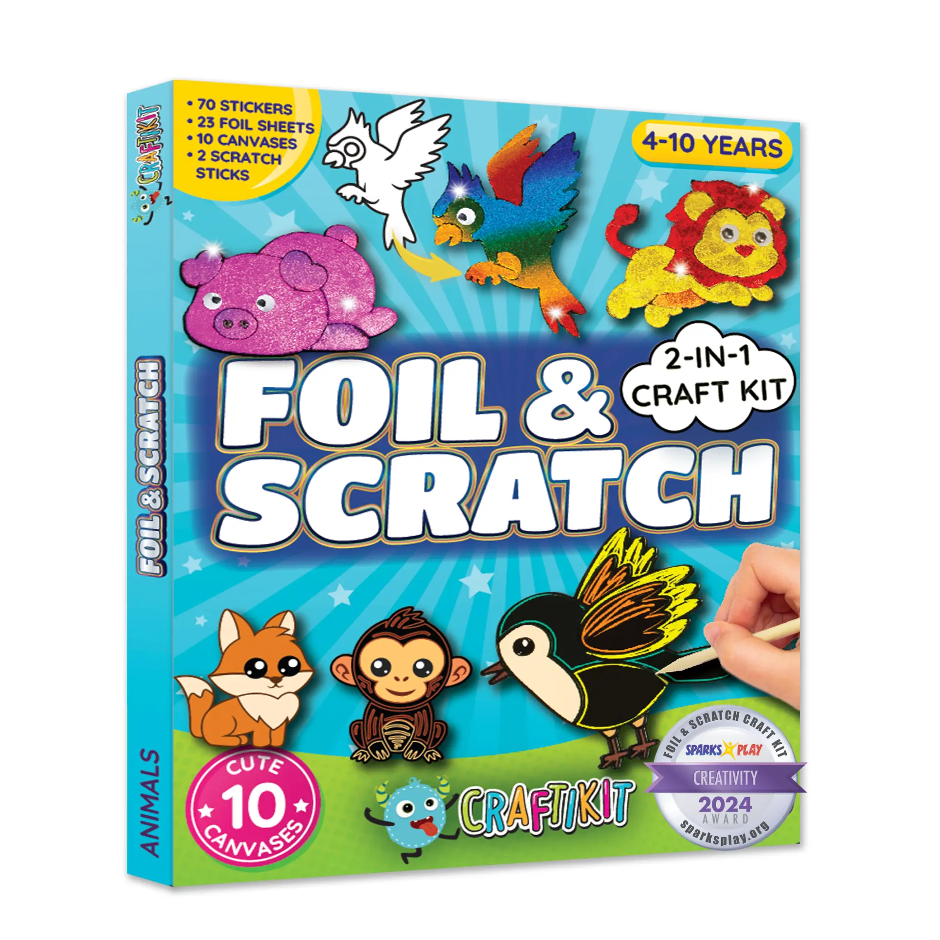 Craftikit 2-in-1 Animal Foil & Scratch Art Crafting Kit for Kids Ages 4-10, Screen-Free Rainy-Day Craft Fix, 10 Animal Scenes, 20+ Colorful Foil Sheets, 70+ Stickers, Mess-Free Creative Activity