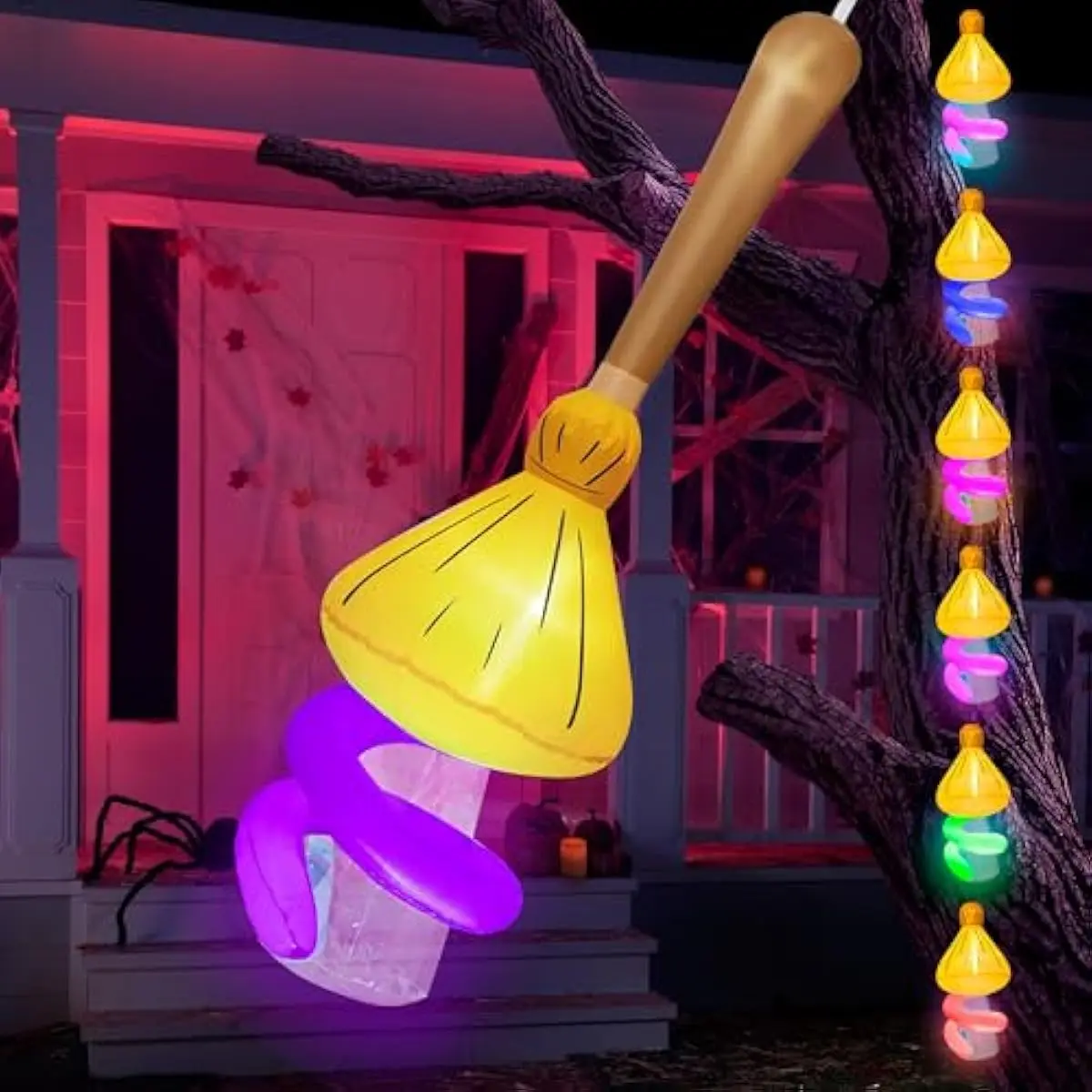 5FT Tall Halloween Inflatable Witch Magic Broom Broke Out from Window Hanging Inflatable Decor Built-in LEDs Gradient Colored Light Halloween Blow Up Yard Decor for Party Indoor Outdoor