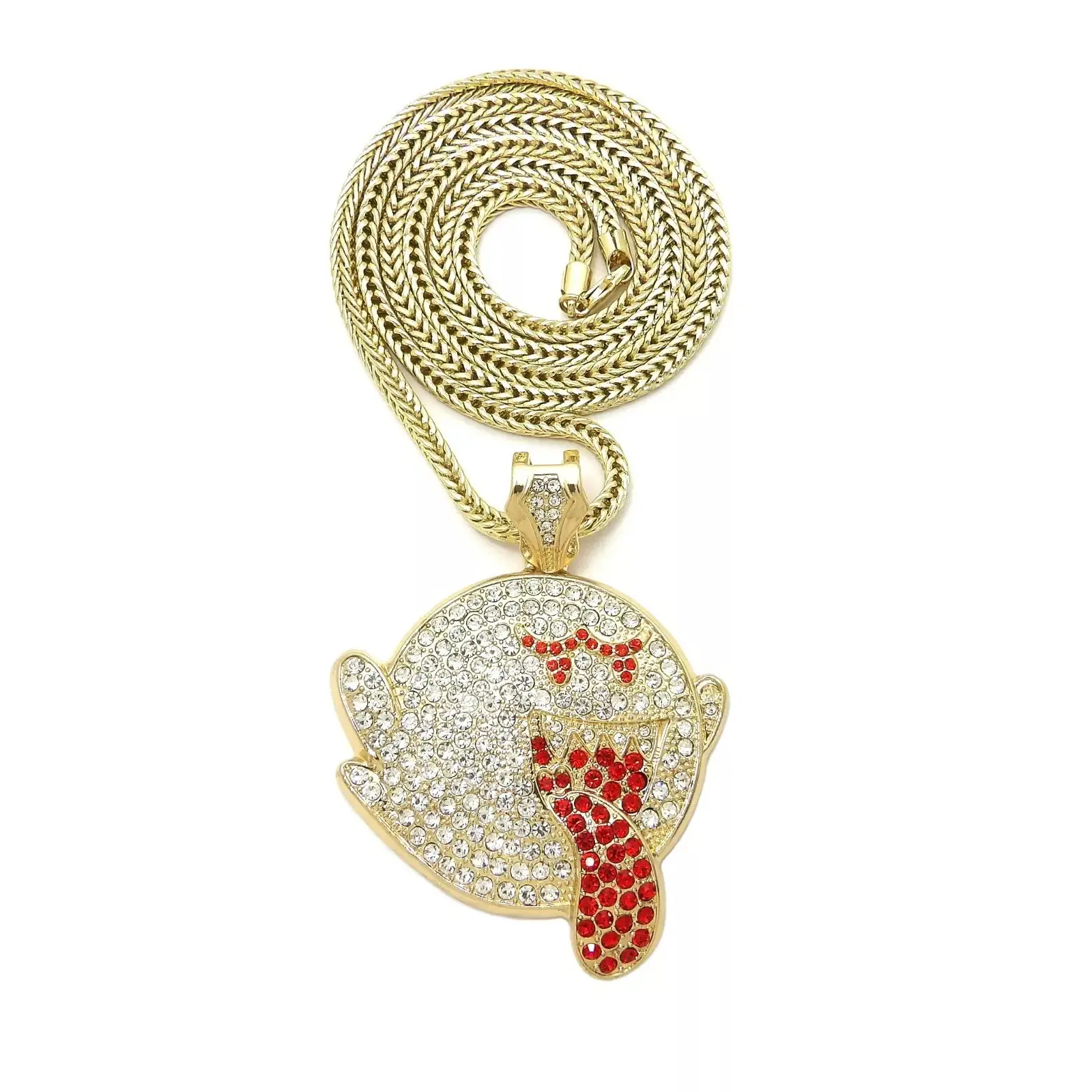 MaxBling81 Men's Pendant Necklace, Hip Hop Iced Out Ghost Charm, Gold-Plated with Elegant Cubic Zirconia, Casual Statement Jewelry on 4mm 36in Franco Chain, Trendy Necklace, Cz Necklace