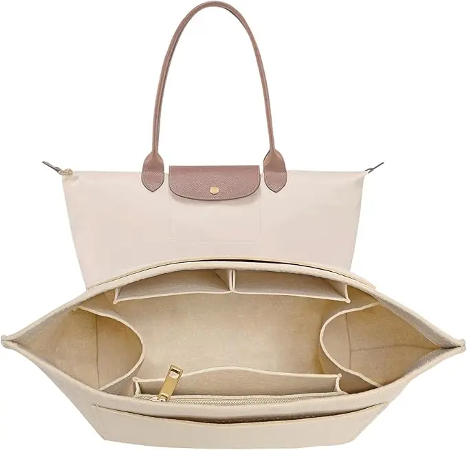 Longchamp Felt Baggage Organizer for Le Pliage L Handbags, 8-Compartment Tote Insert and Storage Pouch with Removable Zipper Pouch, Travel Accessories, Durable Pouch, Zipper Pouches