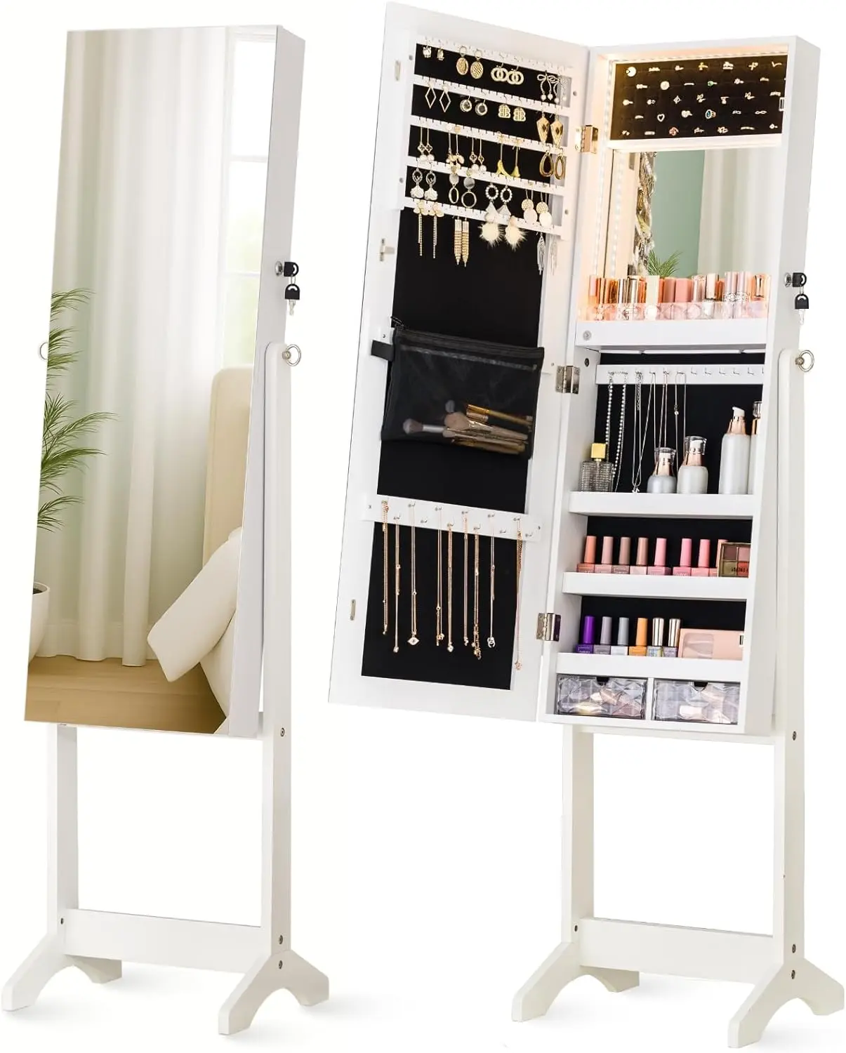 LED Light Mirror Jewelry Cabinet Standing Jewelry Armoire, 60" Full Length Mirror with Storage, Built-in Makeup Mirror, 3 Adjustable Angles, Lockable Jewelry Mirror Organizer, White
