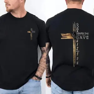 Menswear Shortsleeve Round Neck Streetwear Top - Faith-Inspired Graphic Tee with Cross, Ideal for Casual Outings