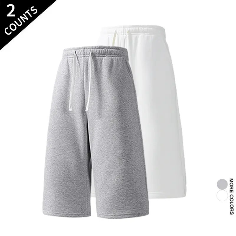 Gray and white, 2 pack bright tone knee length athletic shorts; unisex soft blended fabric casual shorts for home wear, versatile and loose fit—stylish shorts suitable for working from home and workouts.
