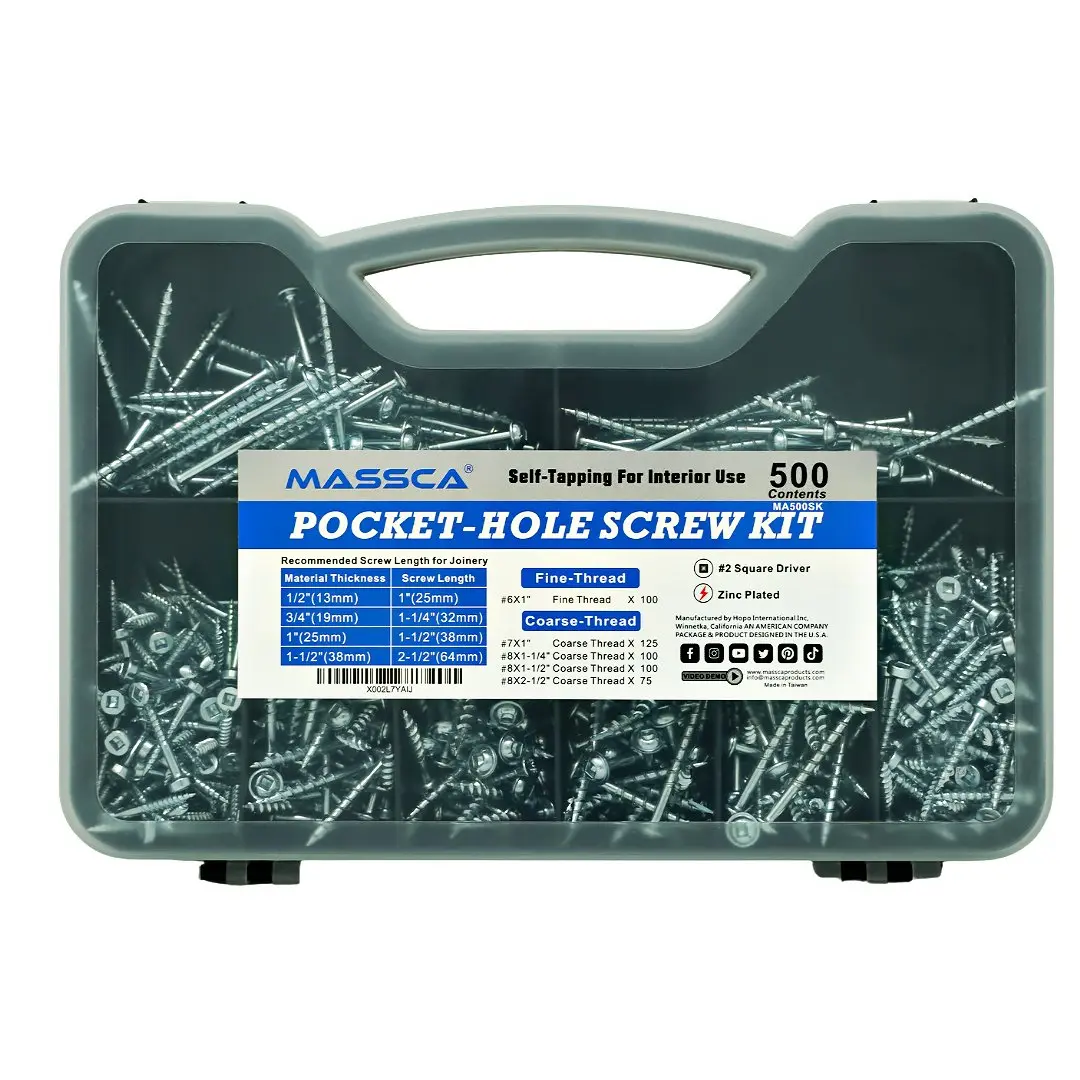 Massca Products | Pocket-Hole Screw Kit 500 Units | Self-Tapping Zinc Plated
