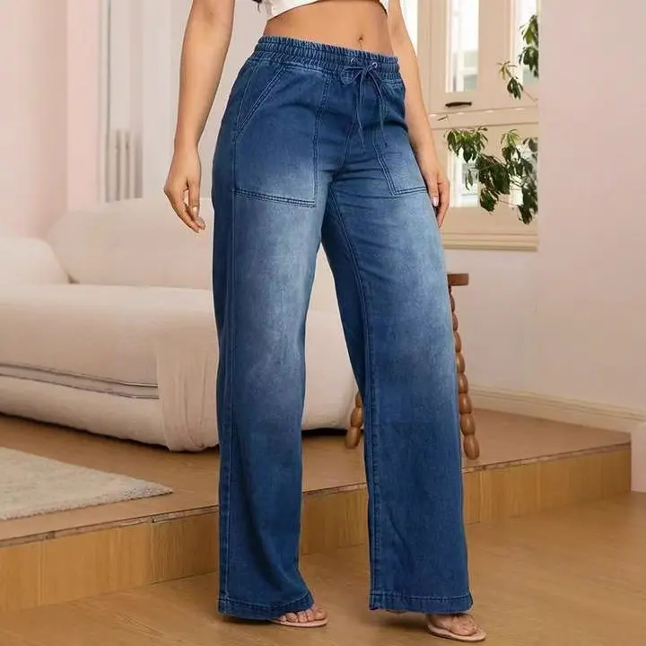Women's Casual Straight Leg Denim Pants with an Elastic Waist, Simple Streetwear Style with Spliced Pockets in Dark Blue, Lady, Clothes, Outfits, Jeans, Elastic Waist Jeans, Minimalist Chic, Everyday, Essential, Headband, Cotton, Piece, Women's Clothes