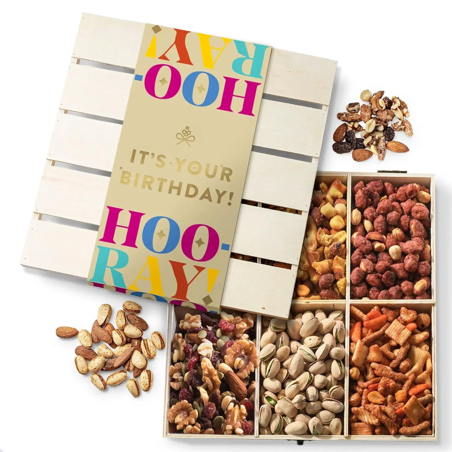 Happy Birthday Food Gift Basket, Healthy Nut Gift Tray, Birthday Snack Treat in Reusable Wooden Crate, Gourmet Assorted Food Delivery, Birthday Snack Box, For Men, Women and Families Snack
