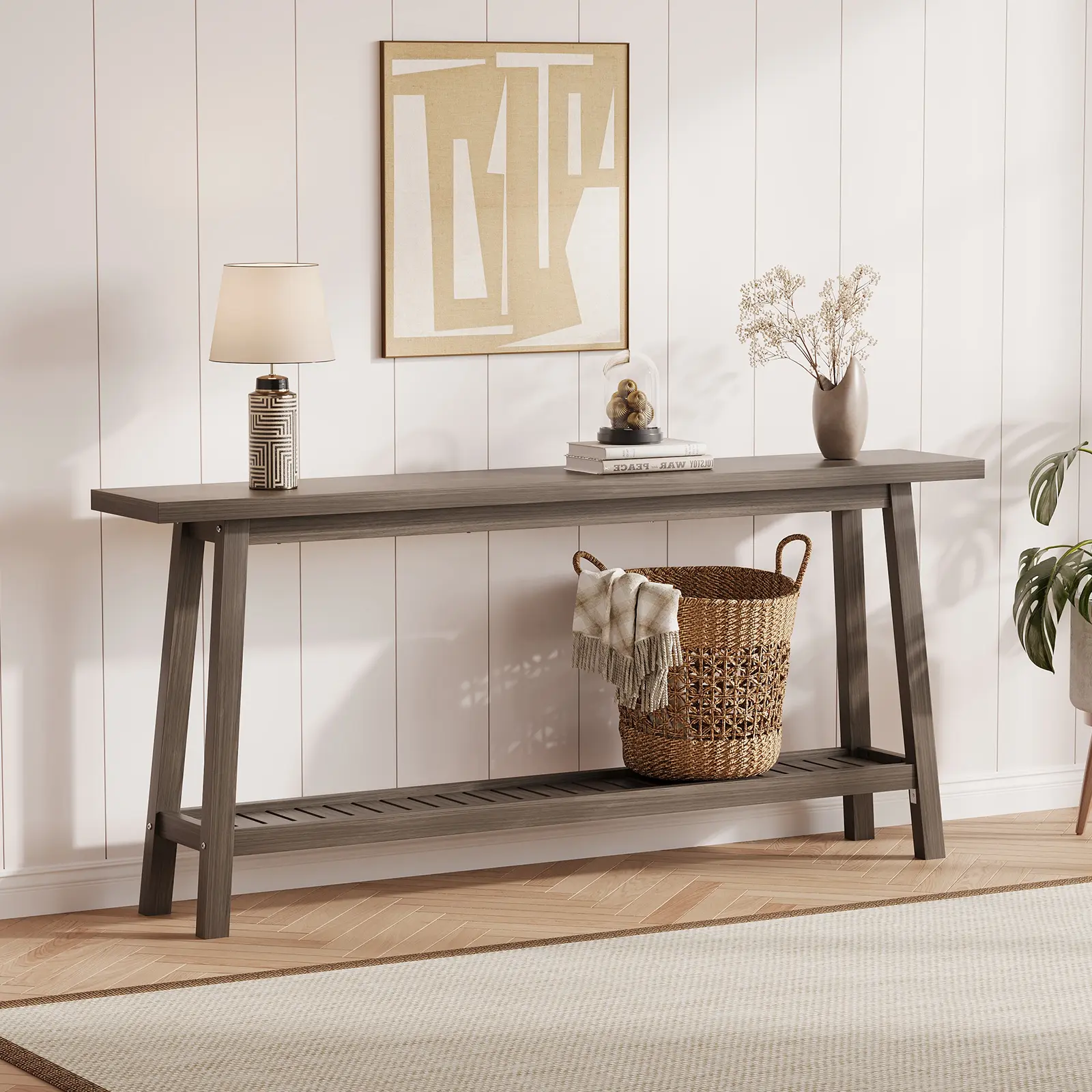 Heavy Duty Rectangle Sturdy Extra Length Sofa Table - 70.9" L x 11.8" W x 31.5" H 2-Tier Narrow Farmhouse Look Furniture with Assembly Guide for Entryway, Living Room