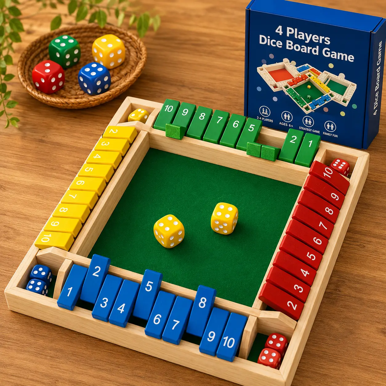 4-Player Flip & Roll Dice Challenge Board - Wooden Game for Family Fun Educational Portable Ideal for All Ages Perfect Gift for Game Nights Tablegame, Family Board Games, Durable campingessentials
