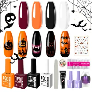 Tencoco 251 PCS Halloween Limited Gel Nail Polish Set Classic 4 Colors Kit Black White Red Fluorescent Orange Soak Off Gel Polish Salon DIY Nail Art Gift for Women with Crystal Top Coat & UV Light