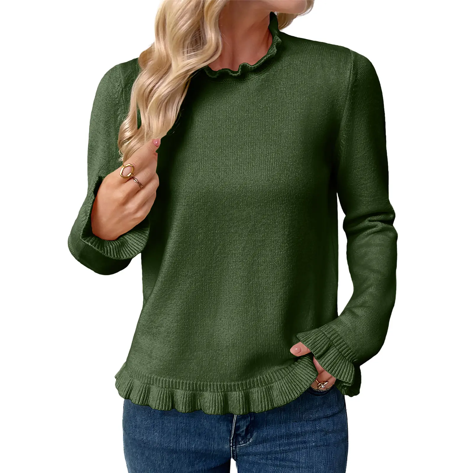 EVALESS Women's Chic Long-Sleeve Ruffled Knit Sweater - Basic Casual Long Sleeve Top for Women, Cold Wash Compatible