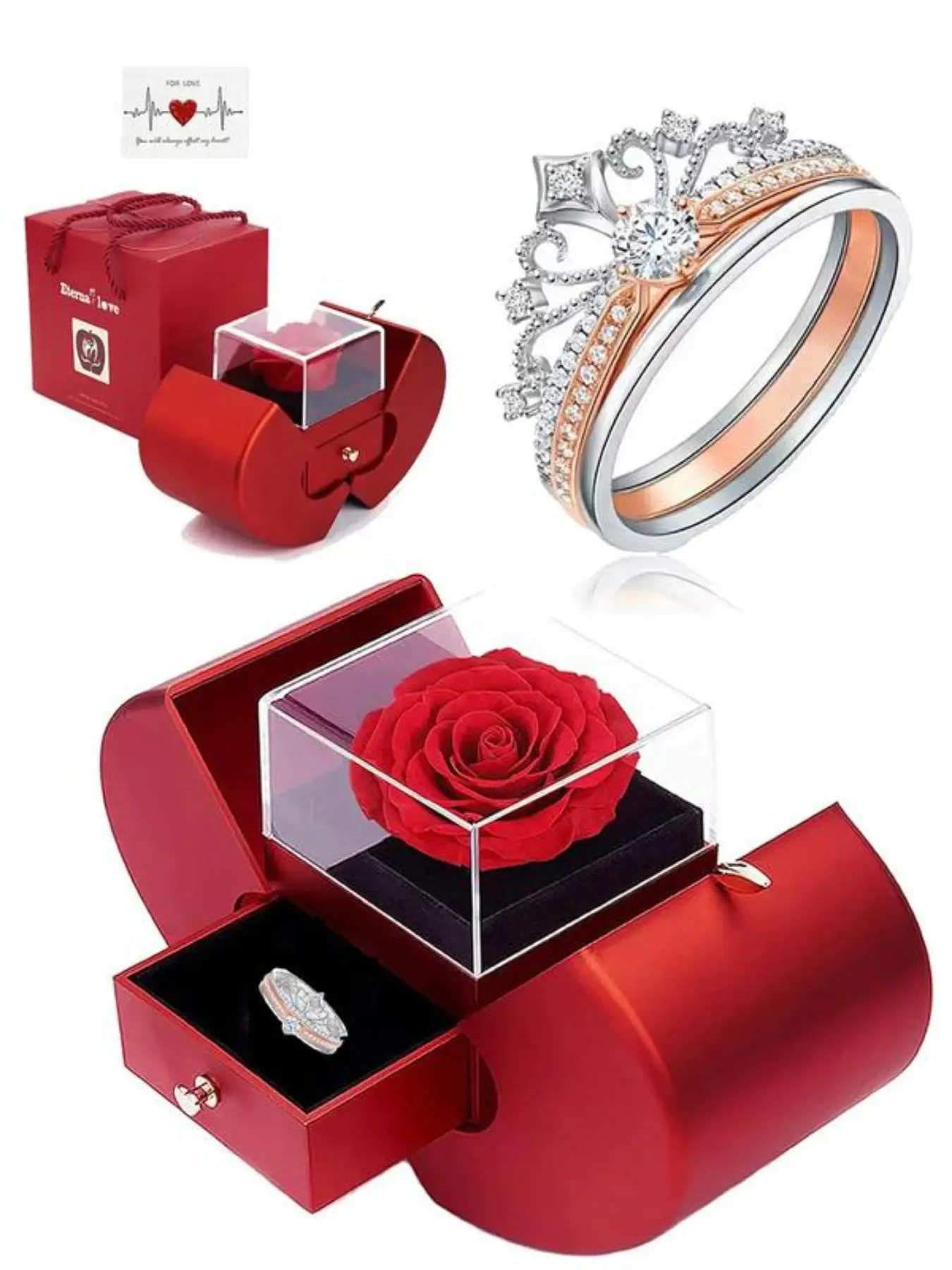 Valentine's Day Gift, Romantic Jewelry Gift - Wedding Engagement Jewelry, Fireworks Castle Ring, Princess Diamond Crown Ring, Adjustable Rose Gold Dual Layer Ring, Engagement Ring Set + Eternal Flower Box, Wedding Promise Rings