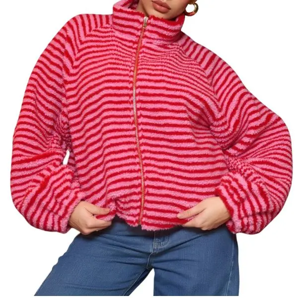 Fisoew Women's Horizontal Striped Sherpa Fleece Jacket - Full Zip Stand Collar Oversized Long Sleeve Cropped Cloud-Like Retro Street Style Tops Outerwear Coat, Print