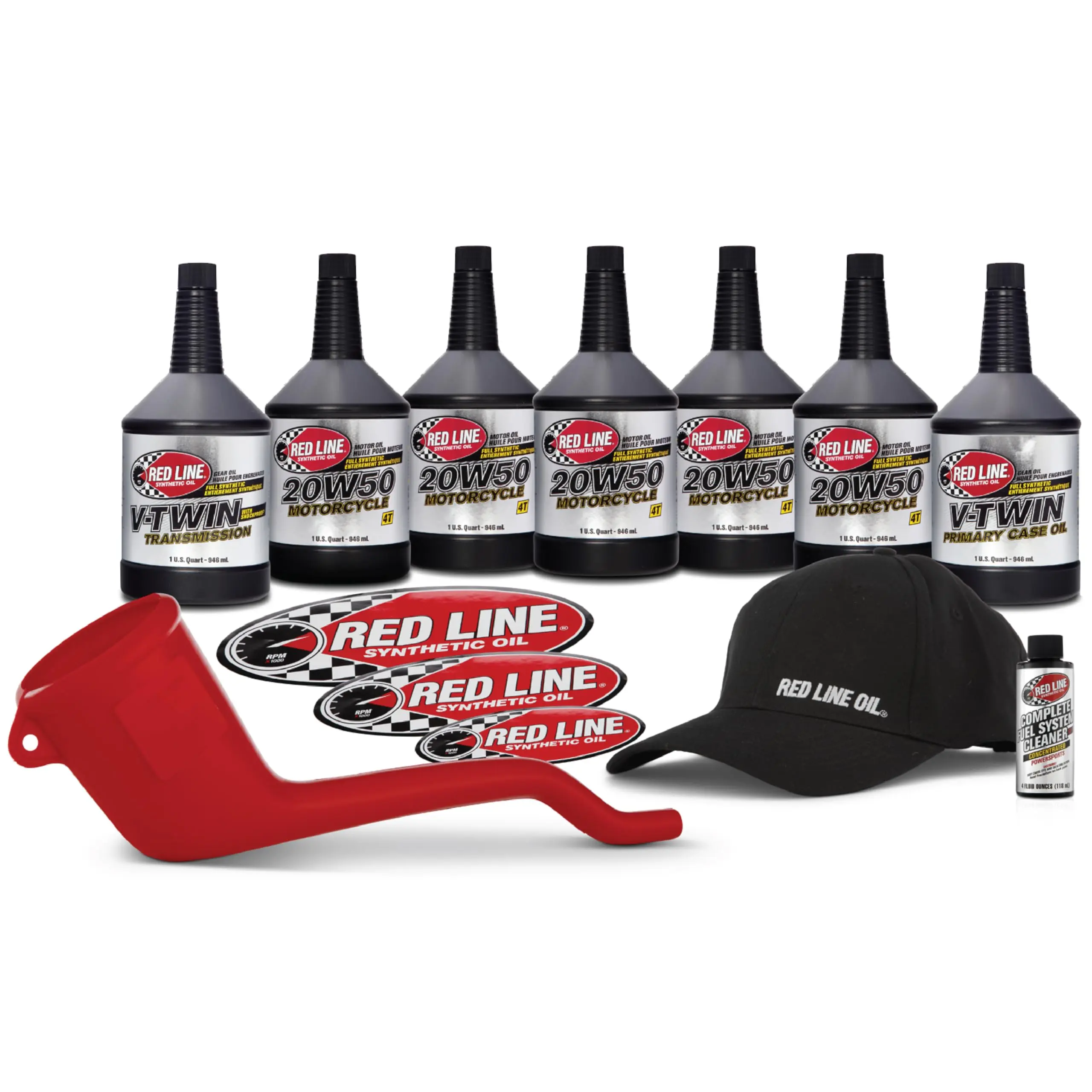 Red Line 90226 20W50 Powersport V-Twin Powerpack Kit - High Quality Synthetic Base Engine Lube, Synthetic Cap, Funnel, Embroidered Hat & Gearbox Oil for H-D Motorcycles & H-D Bikes, High Quality Oil, Pre-Packaged