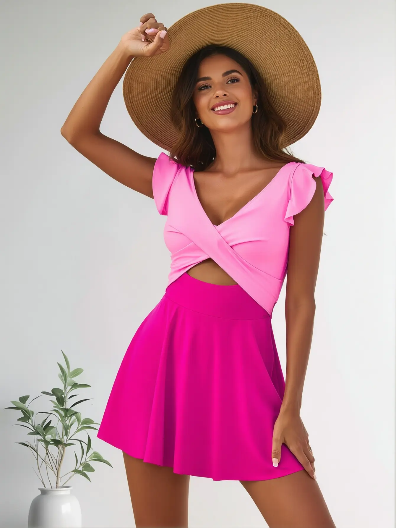 Women's Blush Colorblock Crisscross Strappy Cutout Ruffle Swim Dress, 2-Piece Tankini Swimsuit - Breathable, Elegant, Comfortable, Machine Washable Beach Bathing Suit, Swimsuits, Strappy Cutout Swimdresses, Crisscross Cutout, Quick Dry