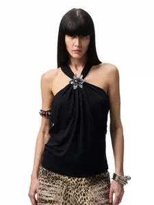 Sunset Sculpt Tank - Black Halter Top with Silver Flower Brooch, Fluid and Magnetic Design, Womenswear-T28,summerwins