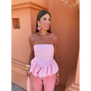 Bubble Strapless Gingham Top - Fitted Sleeveless Summer Polyester Bandeau Pleated Skinny Fit Women's Casual Tube Top for Holiday & Daily Wear Solid Spring