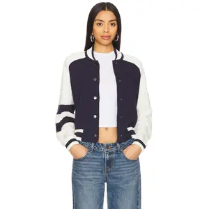 Central Park West Cable Sleeve Knit Bomber in Navy
