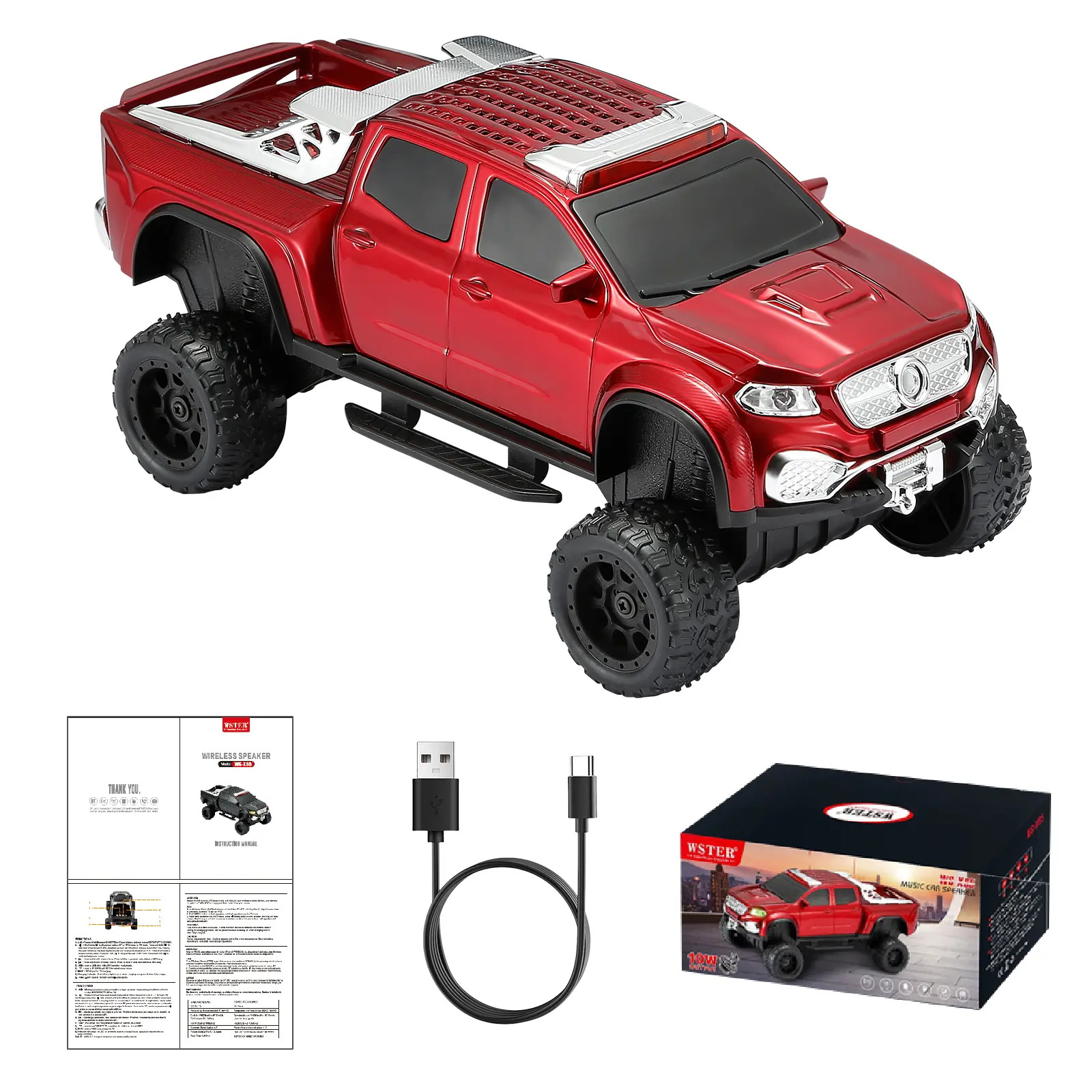 WSTER WS-X65 Palm-Size Pickup Truck Replica Bluetooth Speaker - 50Hz Bass, Multi-Channel, Wireless Streaming, HD Sound, FM Radio, TWS Stereo, LED Light, USB/TF Playback, USB Type-C Port, Built-in Mic, Batteries, Camping Supplies, Outdoor/Home Use (Red), U