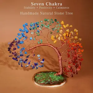 1pc Handmade 7-Chakra Crystal Lucky Tree, Copper Wire Wrapped with Natural Agate Base, Feng Shui Money Tree for Home & Office, Feng Shui Ornaments