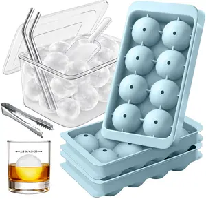 1.8in Large Ice Cube Molds - Big Round Whiskey Ice Trays for Freezer with Bucket, Scoop, Tongs, 2 Straws - Easy to Fill & Release, Bourbon Cocktail (3 pack, 8 Balls)