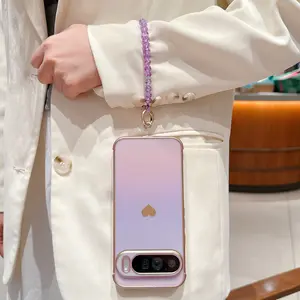 Silk colorful side electroplated solid heart-shaped phone case, Casing, with crystal lanyll, suitable for Google Pixel 7/8/Pro/XL, soft TPU protective case, unique design for daily use
