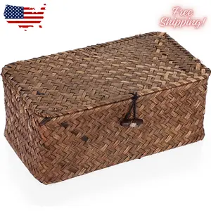 Wicker Shelf Baskets Bin with Lid, Handwoven Seagrass Basket Storage Bins Rectangular Household Basket Boxes