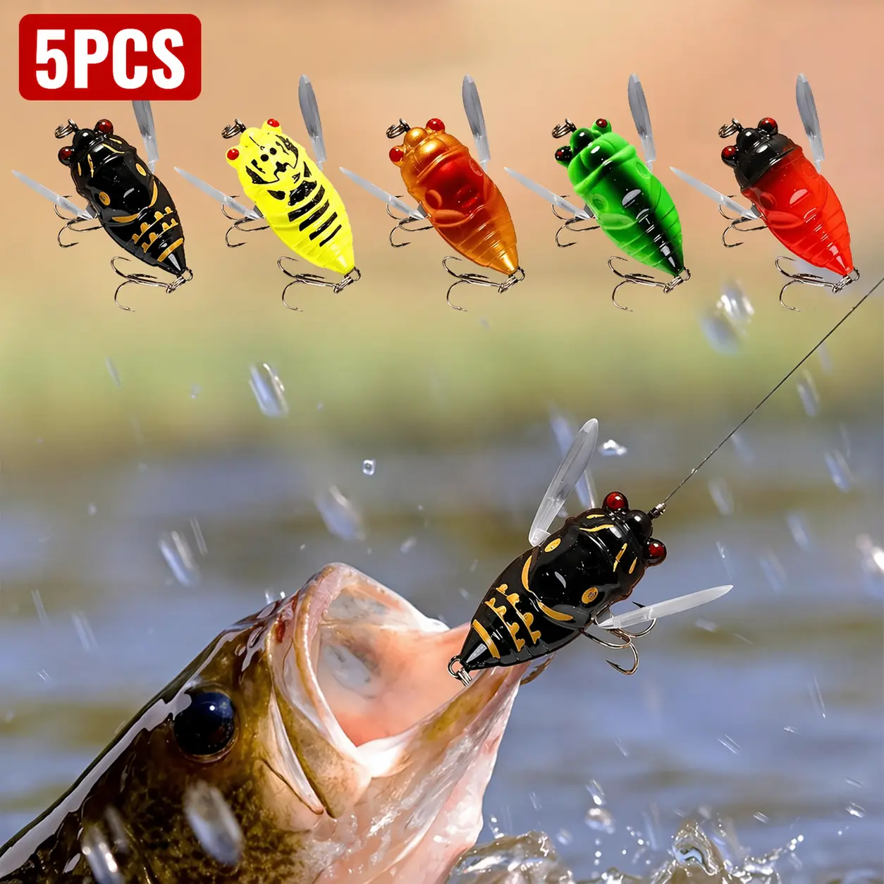 5pcs Cicada Fishing Lure, Realistic Topwater Bass Bait, Floating Insect Hard Lure with Sharp Treble Hooks for Lake Pond Freshwater Fishing