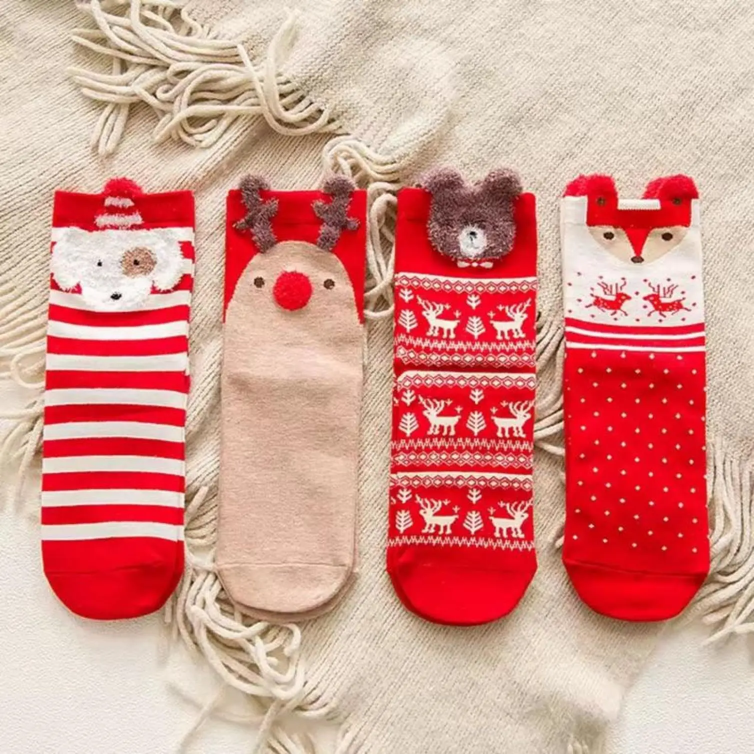 4 Pairs of Autumn and Winter New Christmas Cute Cartoon Reindeer Women's Mid Tube Socks with Three-Dimensional Ears Festive Red Socks