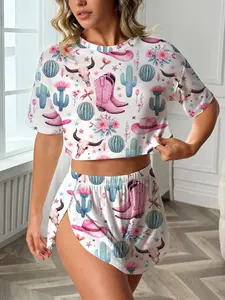 Women's Western Cowboy Cactus Boot Bow Print Pajama Set, Casual Loose Fit Short Sleeve T-Shirt and Above Knee Shorts Sleepwear