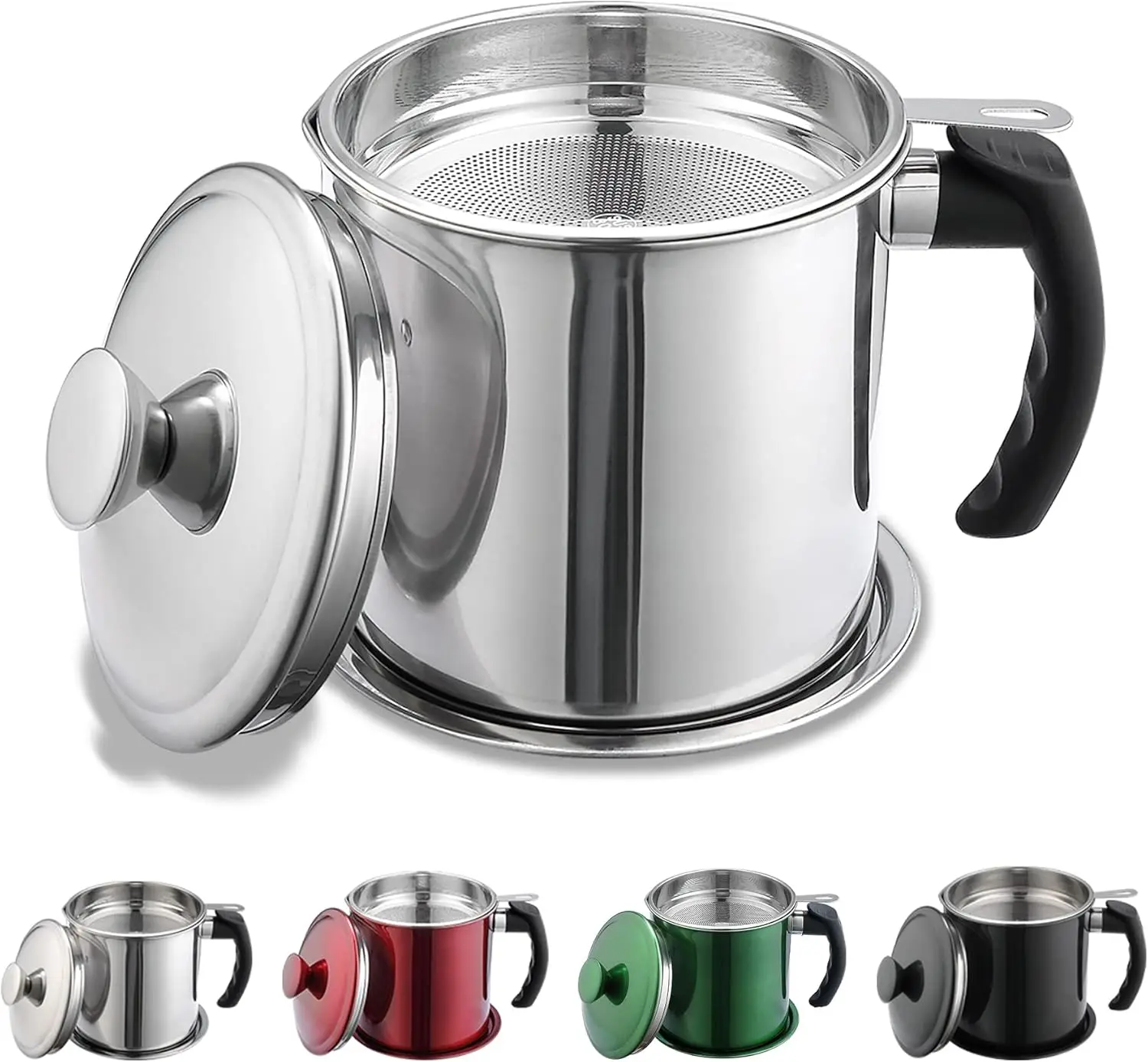 Stainless Steel Bacon Grease Container with Strainer Colander, 48 oz (1.4 L) Durable Odorless Rustproof Kitchen Utensil, Heat-Resistant Body, Lid, Easy-Grip Handle, Fine Mesh Silver Filter, Dishwasher-Safe Cooking Oil Storage