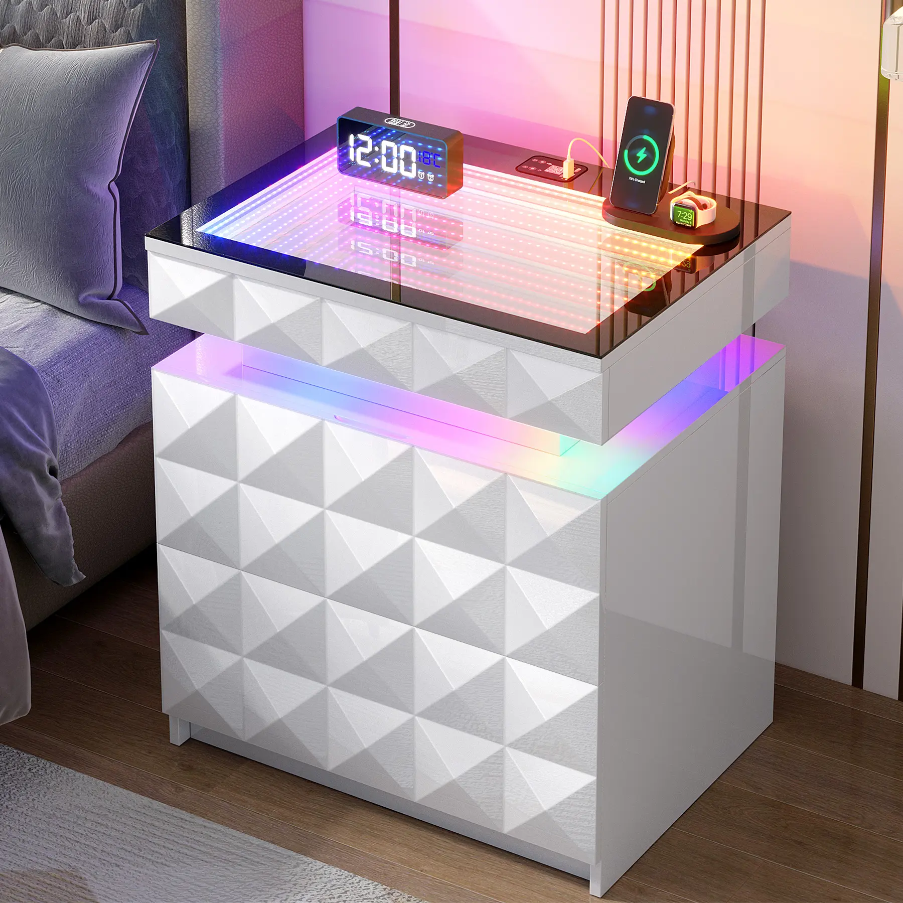 Dystler Modern Rectangular FSC-Wood Bedroom Nightstand - Lockable 3-Drawers Furniture with Charging Station, Sliding Expandable Tempered Glass Top, Hidden Storage, Collectibles Display, Self-Assembly, Light Up Your Space, Modern Bedroom