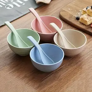 Wheat Plastics Composite Rice Bowl Set, 4 Counts/set Creative Colorful Bowl with Spoon, Household Tableware for Home Kitchen Dining Room
