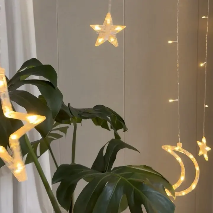 Plug-in Star & Moon Curtain String Lights withRemote, Warm White LED Fairy Lights, 8 LightingModes for Bedroom, Window, Christmas & PartyDecor
