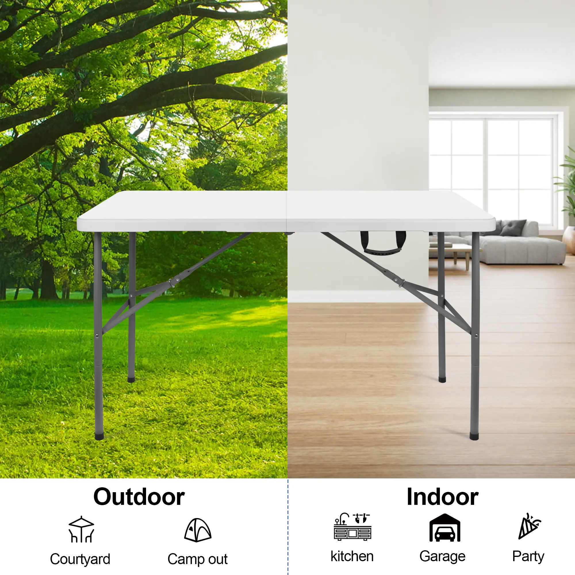 4FT FOLDING TABLE, PLASTIC FOLD IN HALF TABLE WITH LOCK AND HANDLE - WHITE