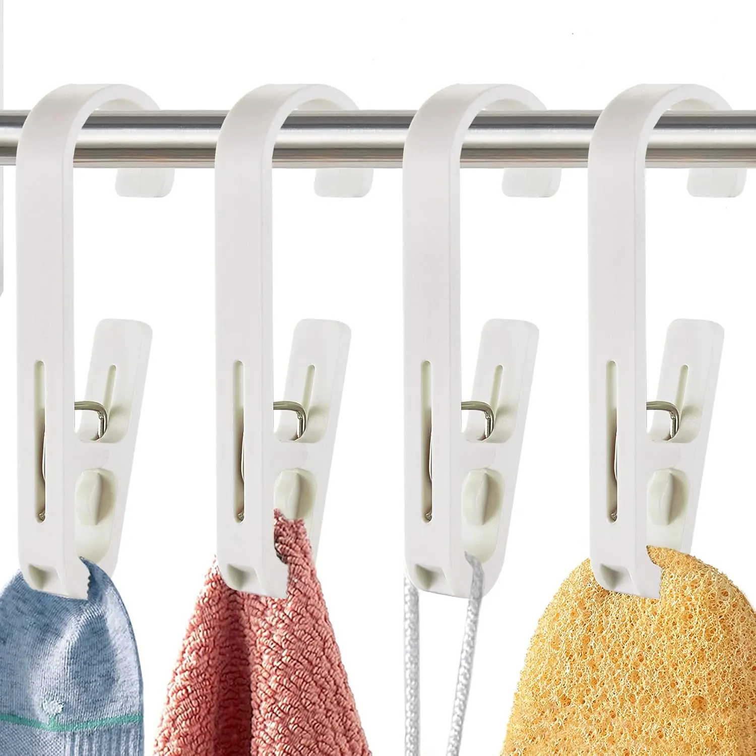 Synthetic Clamp + Hook Durable Plastic Laundry Hangers - Set of 4 White Home Organizers for Socks, Bras, Towels - Kitchen, Balcony, Wardrobe Use