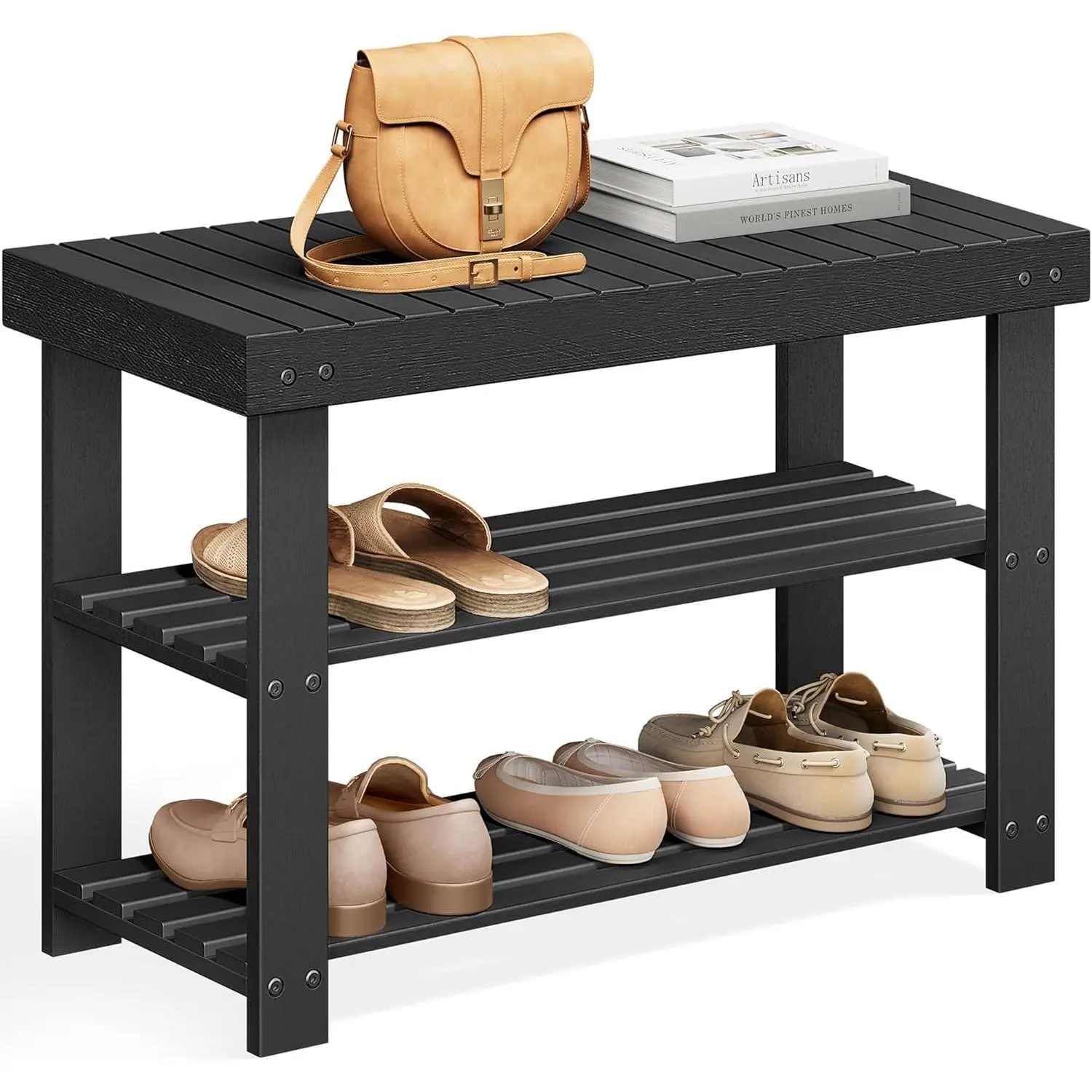 Shoe Rack Bench, Three-Layer Bamboo Shoe Cabinet, Entryway Bench, Supports Up to 130kg, Dimensions 11.3 x 27.6 x 17.8inch cm, Suitable for Entryway, Bathroom, Bedroom, Jet Black ULBS04H