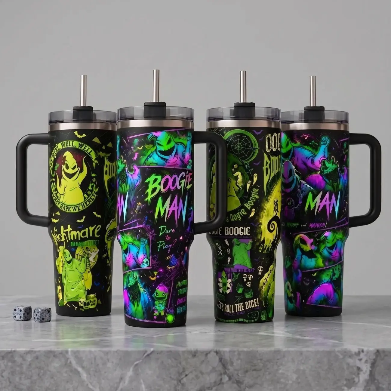 Oogie Gambling Bogeyman Tumbler, Halloween 40oz Cup with Handle, Movie Fan Gift, Nightmare Before Xmas Inspired Insulated Tumbler Featuring Neon Comic Style Graphic Design, Halloween Gift