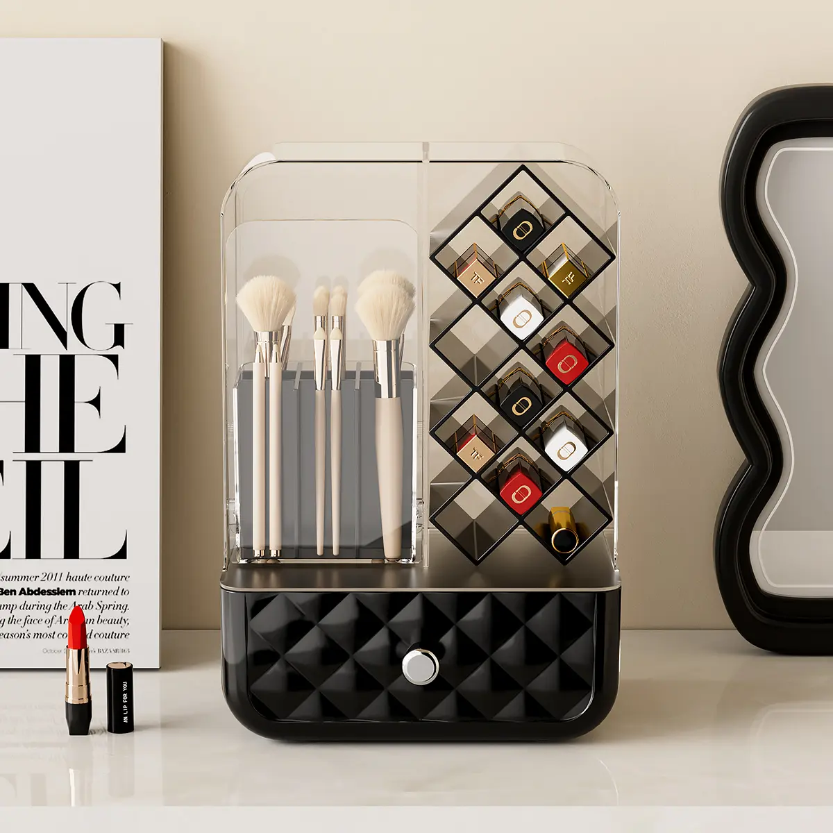 Transparent Flip-Top Makeup Brush Lipstick Storage Box, Thick Plastic Large Capacity Drawer Cosmetic Organizer, Desktop Vanity Multi-Functional Cabinet