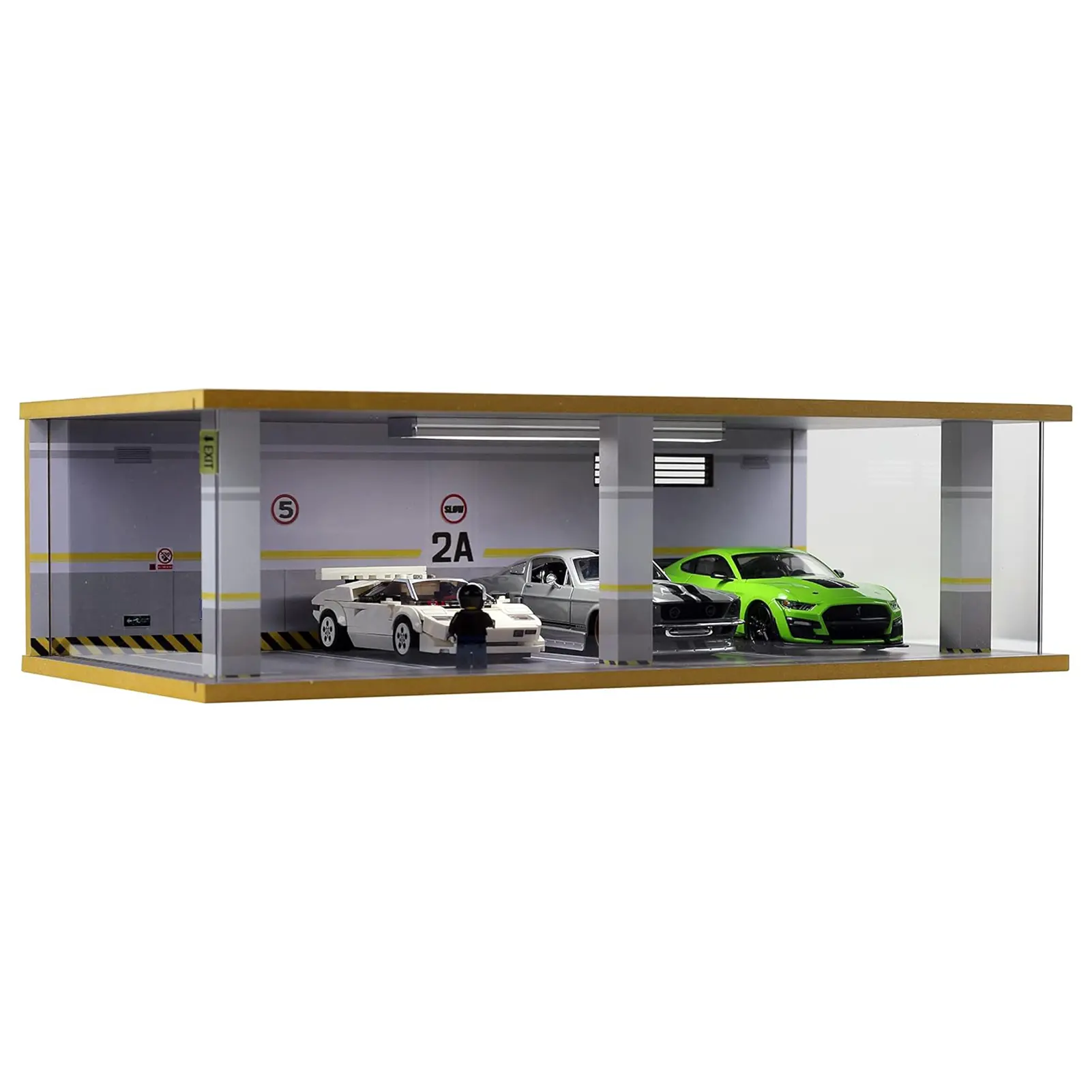 1/24 Scale Die-cast Car Garage Display Case with Clear Acrylic Cover and LED Lighting for 4 Parking Space