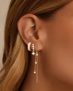 Tewiky Gold Chain Earrings for Women 3 Pairs Dangle Dainty Stack Gold Hoop Earrings Set Trendy Hypoallergenic Cubic Zirconia Stud Earrings for Women Jewelry