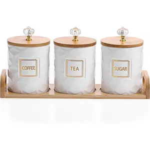Set of 3 Ceramic Canisters Set for Sugar Coffee  With Handle Tray, Luxurious Storage Containers Sets with Lids Decorative Storage Pots White Ceramic Storage Jar for Kitchen Dining Counter