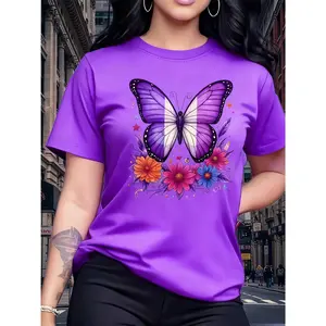 100% Cotton Women's Short Sleeve T-Shirt Vibrant Purple Butterfly And Floral Graphic Tee Eye - Catching And Nature - Themed Top For Casual Daily Wear Outings And Stylish Statements